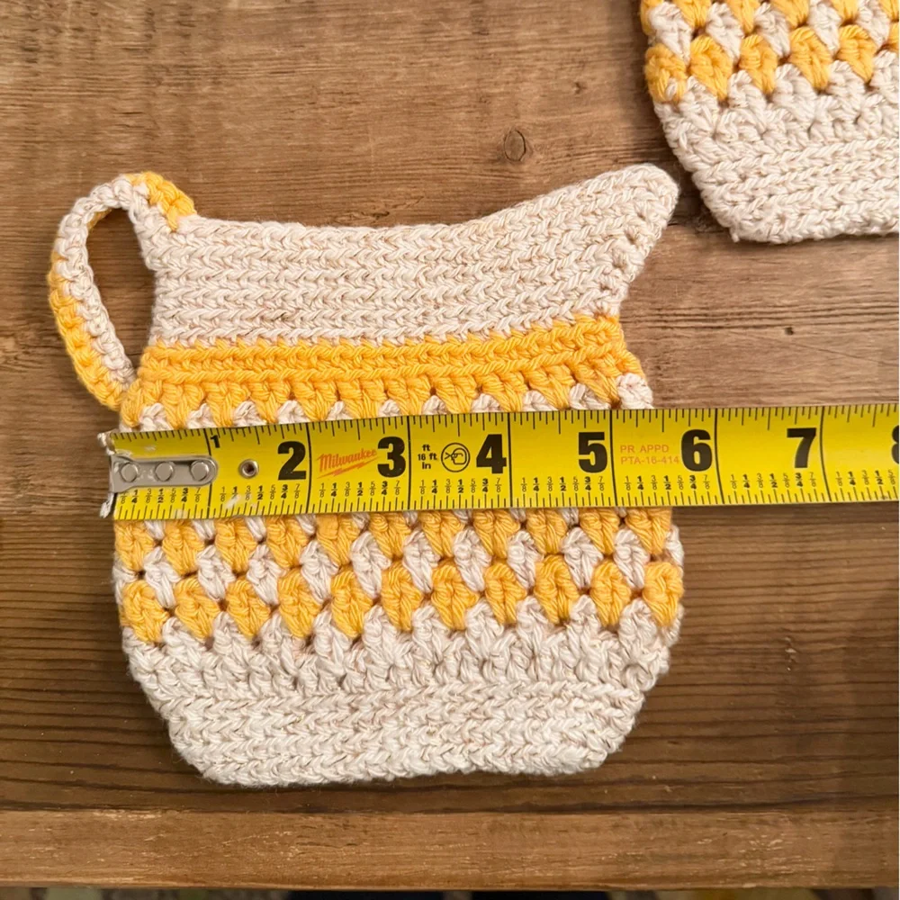 Vintage Crochet Pot Holders. Yellow Cream Metallic Gold. Kitchen MCM 1970s